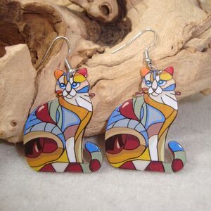 NEW Sitting Kitty Suncatcher Faux Stained Glass Earrings Acrylic